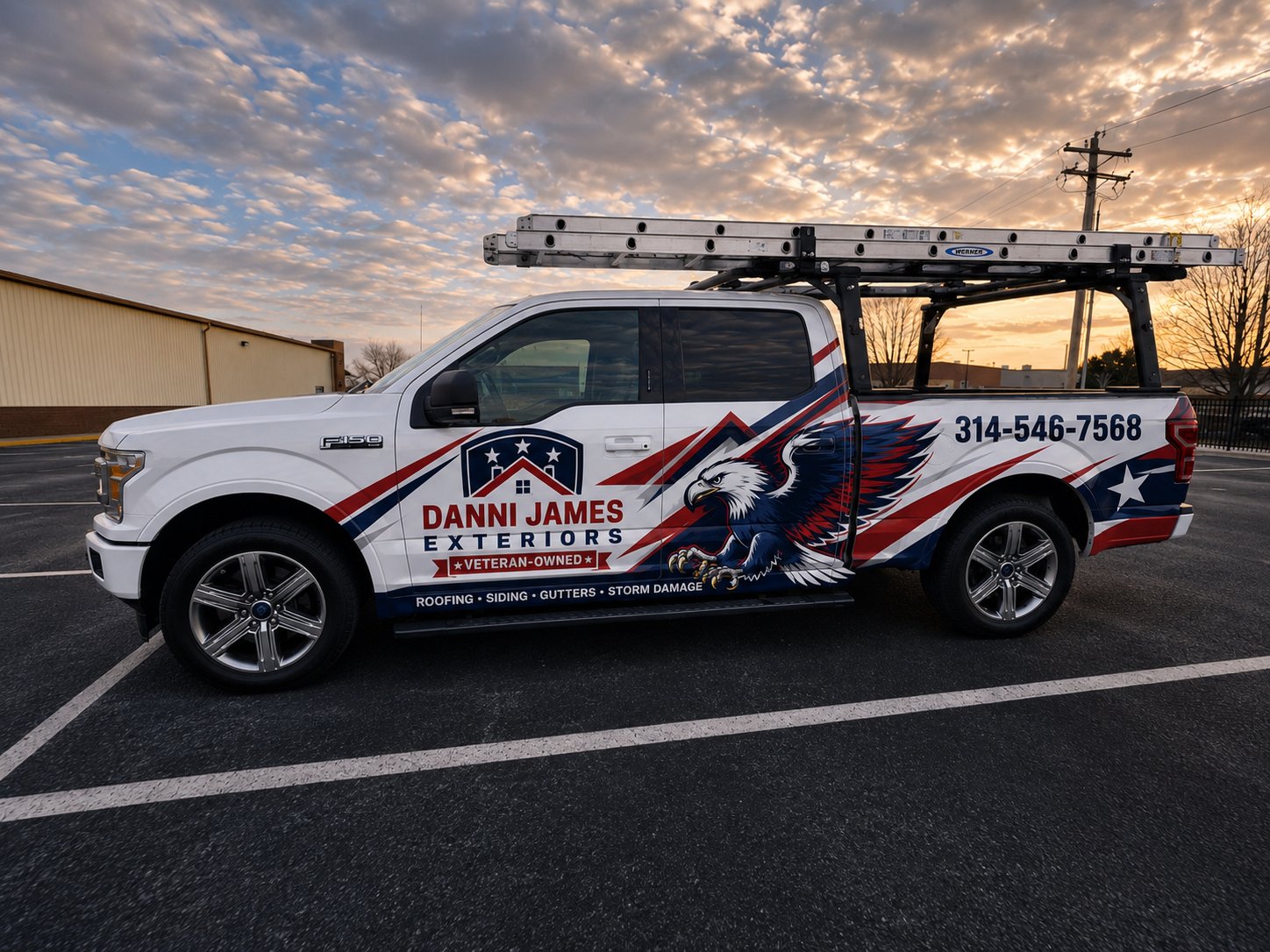 Danni James Exteriors wrapped company truck with ladder rack