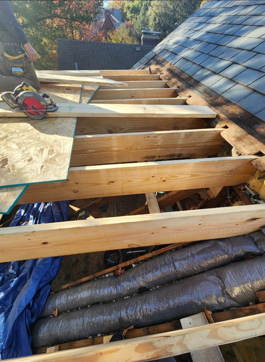 New roof decking and framing being installed